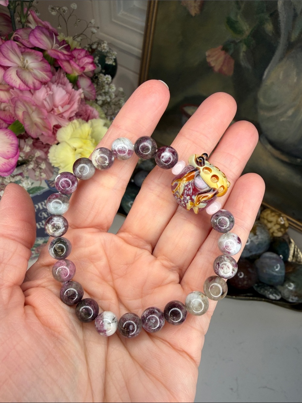 PUDDLE JUMPER • Artisan Plum Tourmaline & Vintage Lampwork Bracelet: B1276